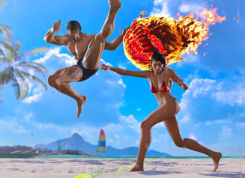 azucena_milagros_ortiz_castillo bandai_namco beach bikini female fireball friendly friendly_expression island male male/female namco resort scantily_clad shaheen smiling smiling_at_each_other speedo swimsuit tekken tekken_8 thumbs_up wholesome