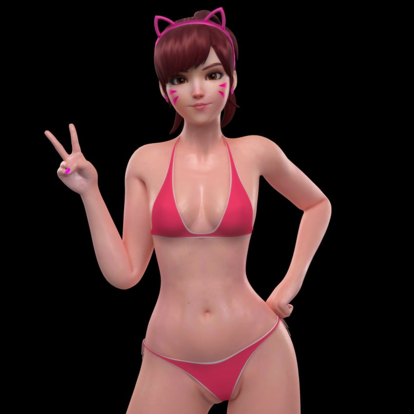 1girls 3d bikini black_background blizzard_entertainment brown_hair cleavage d.va female female hairband light-skinned_female light_skin looking_at_viewer overwatch overwatch_2 painted_nails peace_sign ponytail pussy_peek rwt4184 simple_background solo solo_female tagme v_sign