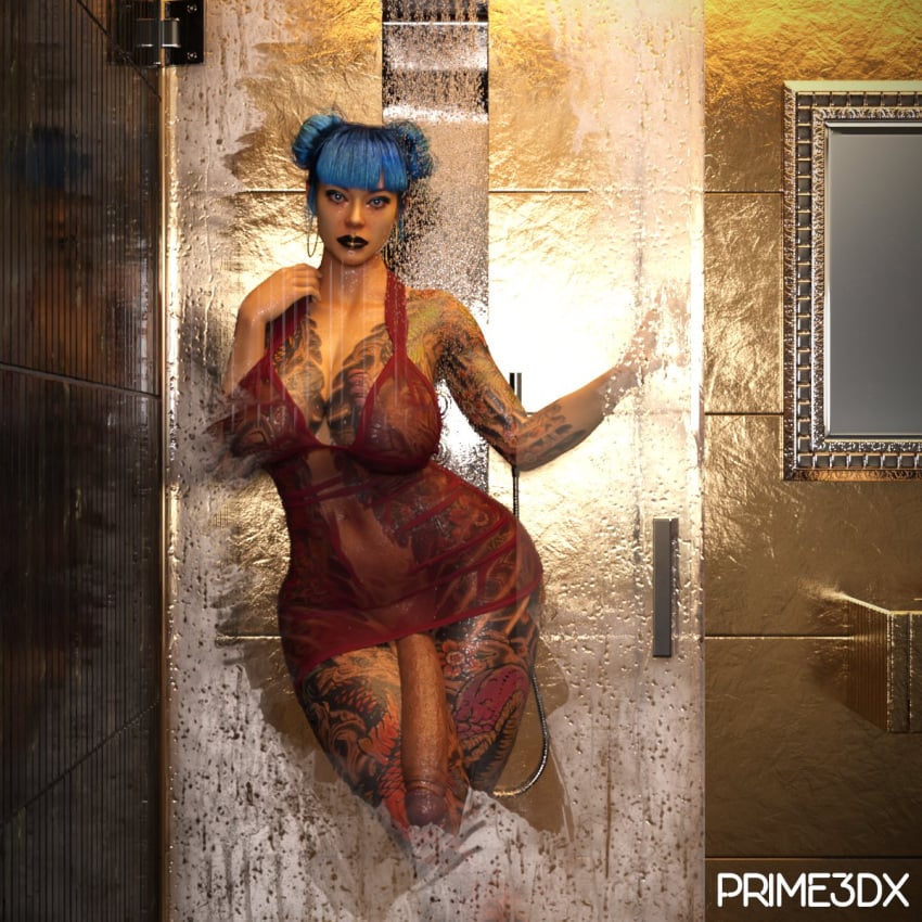 1futa 3d asian bathroom big_penis blue_hair cd_projekt_red cheri_nowlin cyberpunk_2077 futa_only futanari penis prime3dx shower solo tattoo