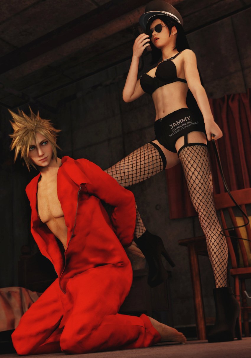 3d 3d_(artwork) aviator_sunglasses barefoot black_bra black_hair black_high_heels blonde_hair blue_eyes bra cloud_strife costume criminal dominant dominant_female dominatrix final_fantasy final_fantasy_vii final_fantasy_vii_rebirth final_fantasy_vii_remake fishnet_legwear fishnet_stockings fishnets fit_female garter_straps green_eyes halloween hands_behind_back high_heels highres holding_object hotpants jammybear kneeling long_hair painted_nails police_hat police_officer police_uniform policewoman prison_uniform red_eyes red_nails roleplay shorts smirking_at_partner sunglasses tifa_lockhart tinted_eyewear toned whip