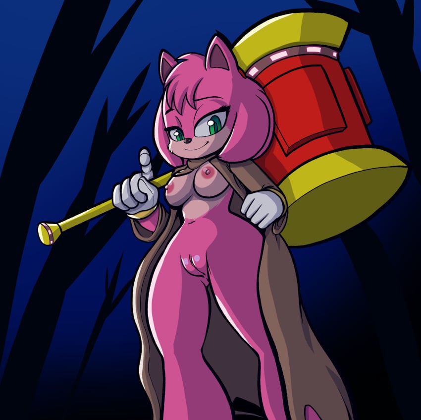 amy_rose amy_rose_(sonic_movie) anthro breasts cloak clothing eulipotyphlan female fourssss genitals hammer hedgehog hi_res holding_object holding_weapon looking_at_viewer low-angle_view mammal mostly_nude pink_body presenting pussy sega solo sonic_(series) sonic_the_hedgehog_(film) sonic_the_hedgehog_(series) sonic_the_hedgehog_3_(film) tools weapon