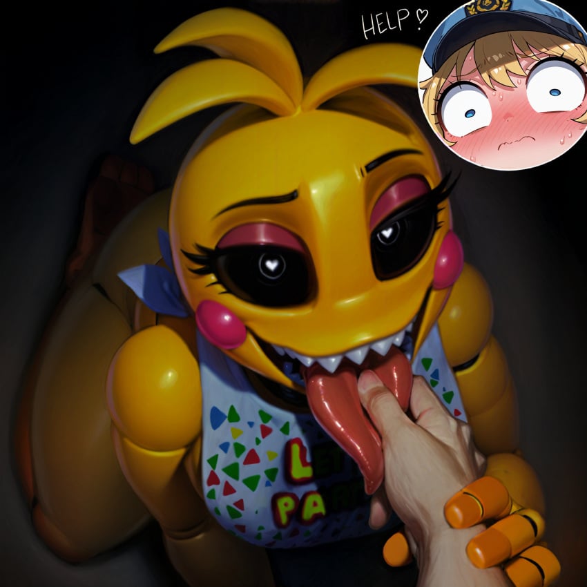 ai_generated bib black_eyes fnaf from_above guard heart-shaped_pupils moody_hat sharp_teeth sweating tongue tongue_out toy_chica_(fnaf) worried_expression yellow_body