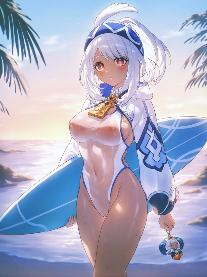 absurd_res ai_generated ass_visible_through_thighs beach blush breasts cameltoe casual_one-piece_swimsuit charm cloud contrapposto covered_navel covered_nipples cowboy_shot dark-skinned_female dark_skin female genshin_impact hairband headband highleg highleg_swimsuit holding holding_surfboard large_breasts long_hair long_sleeves looking_at_viewer medium_hair meme_attire ministro mualani_(genshin_impact) navel nipples ocean one-piece_swimsuit outdoors palm_tree parted_lips red_eyes see-through see-through_swimsuit sky solo sunset surfboard swimsuit taut_clothes taut_swimsuit thigh_strap thighs tree water wet wet_clothes wet_swimsuit white_hair white_one-piece_swimsuit