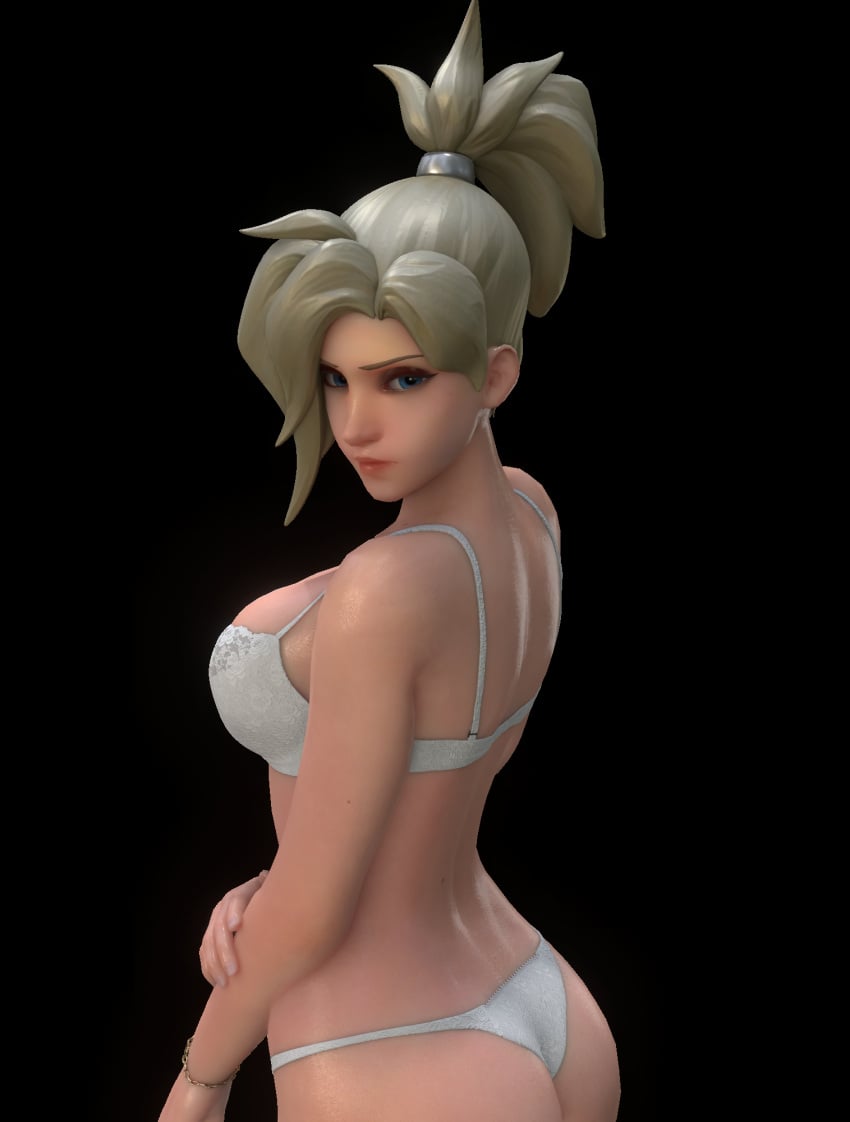 3d angela_ziegler blizzard_entertainment blonde_hair blue_eyes bra bracelet light-skinned_female light_skin looking_at_viewer looking_back mercy overwatch overwatch_2 panties partially_clothed rwt4184 side_view simple_background solo solo_female solo_focus tagme video_game_character