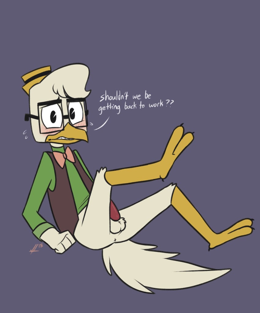 1boy 2018 anthro anus ass avian bird blush bottomless bow_tie chicken claws clothed clothing dialogue disney ducktales english_text erection eyewear feathers fist flying_sweatdrops glasses grey_background gyro_gearloose hair hat long_sleeve looking_at_viewer male male_only penis question raised_leg shy signature simple_background slimykappa solo sweat sweatdrop tail_feathers talons teeth text vest white_feathers