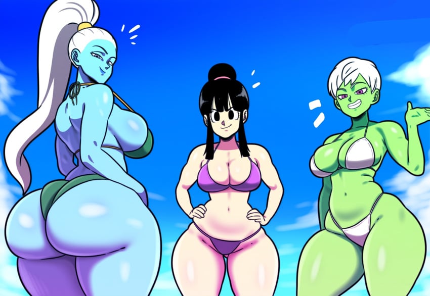 1girls 3girls alien alien/human alien_girl angel angel_(dragon_ball) ass beach big_ass blue_skin breasts_bigger_than_head cheelai chi-chi_(dragon_ball) divine divine_slut dragon_ball dragon_ball_super dragon_ball_z grin huge_breasts human long_hair looking_at_viewer mature_female milf mullon novelai ponytail short_hair single_hair_bun tall_female top_heavy vados white_hair wide_hips