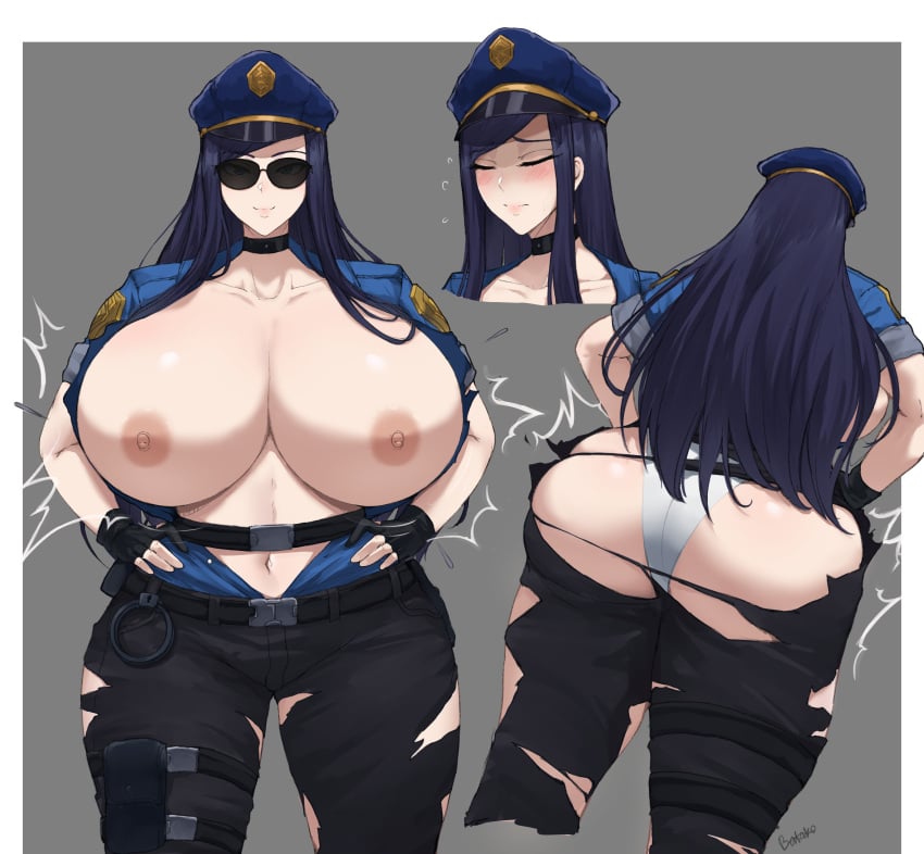 1girls batako buttons_popping caitlyn_kiramman female female_only gigantic_ass gigantic_breasts huge_ass huge_breasts human league_of_legends ripped_clothing ripped_pants ripped_shirt solo solo_female standing tearing_open_bottoms topless voluptuous wardrobe_malfunction