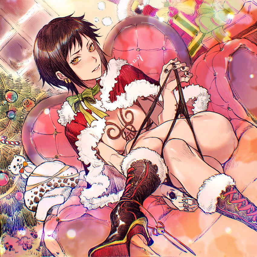 black_hair black_nail_polish boots canon_genderswap capelet chest_tattoo christmas christmas_outfit crossed_legs dutch_angle finger_tattoo fur_trim genderswap_(mtf) hand_tattoo high_heel_boots high_heels inner_sideboob jyukawa looking_at_viewer medium_breasts nail_polish one_piece panties panties_down panty_pull rule_63 shawl short_hair sitting smile tattoo tattoos thong thong_pull trafalgar_law trafalgar_law_(female) underwear underwear_down underwear_pull undressing yellow_eyes