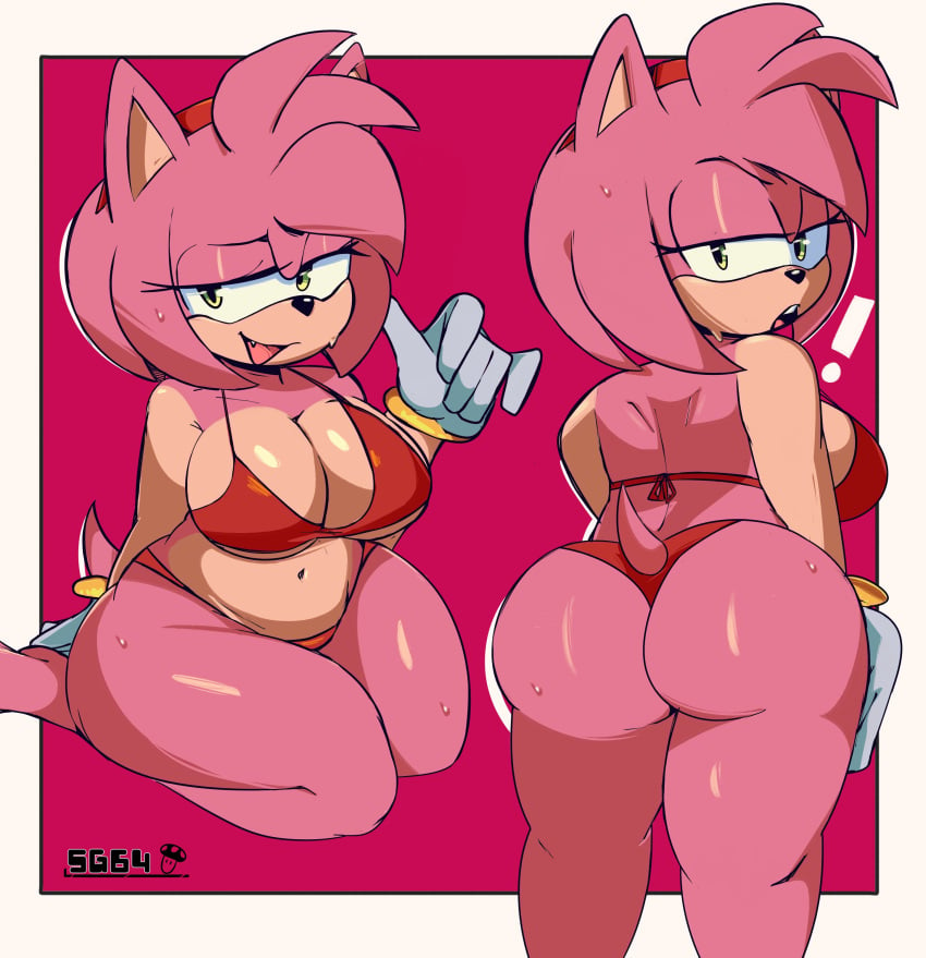 2024 amy_rose ass big_breasts bikini bikini_bottom bikini_top breasts cleavage female female_only furry gloves green_eyes headband hedgehog hedgehog_girl looking_at_viewer looking_back no_text_version pink_fur pink_hair purple_background red_bikini sega sg64 short_hair sonic_(series) sonic_the_hedgehog_(series)