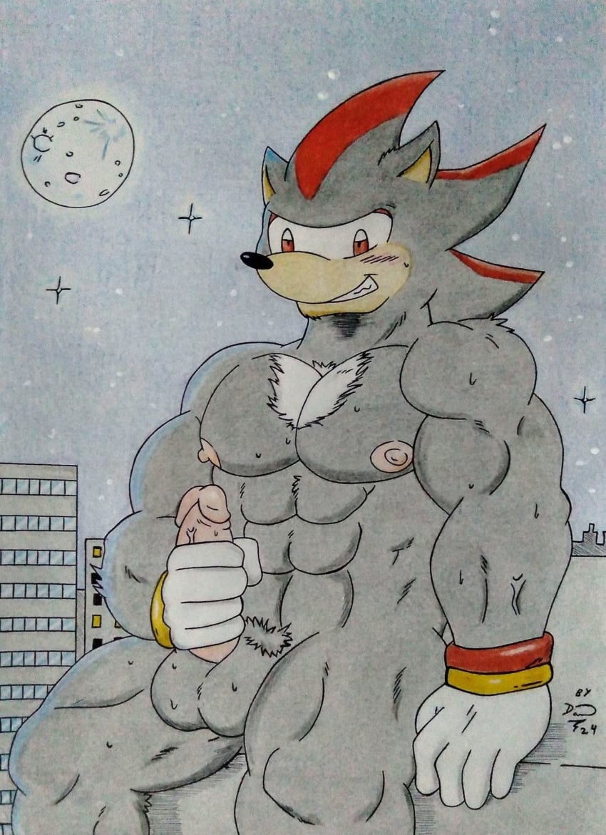 2024 5_fingers abs absurd_res anthro areola balls barazoku big_muscles big_pecs black_body black_fur black_nose blush blush_lines bodily_fluids building chest_tuft city city_background cityscape clothing dashthefox erection eulipotyphlan fingers fur genitals gloves handwear hedgehog hi_res humanoid_genitalia humanoid_penis light male male_only mammal manly masturbation moon moonlight muscular muscular_anthro muscular_arms muscular_legs muscular_male night nipples nude nude_anthro nude_male outside pecs penis pink_nipples pink_penis red_eyes sega shadow_the_hedgehog sky solo sonic_(series) sonic_the_hedgehog_(series) sweat sweatdrop sweaty_balls sweaty_genitalia thick_penis traditional_media_(artwork) tuft vein veiny_penis