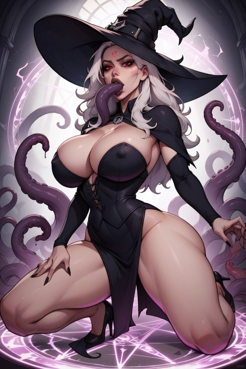 ai_generated big_ass big_breasts curvy pelvic_curtain tentacle tentacle_sex witch witch_hat