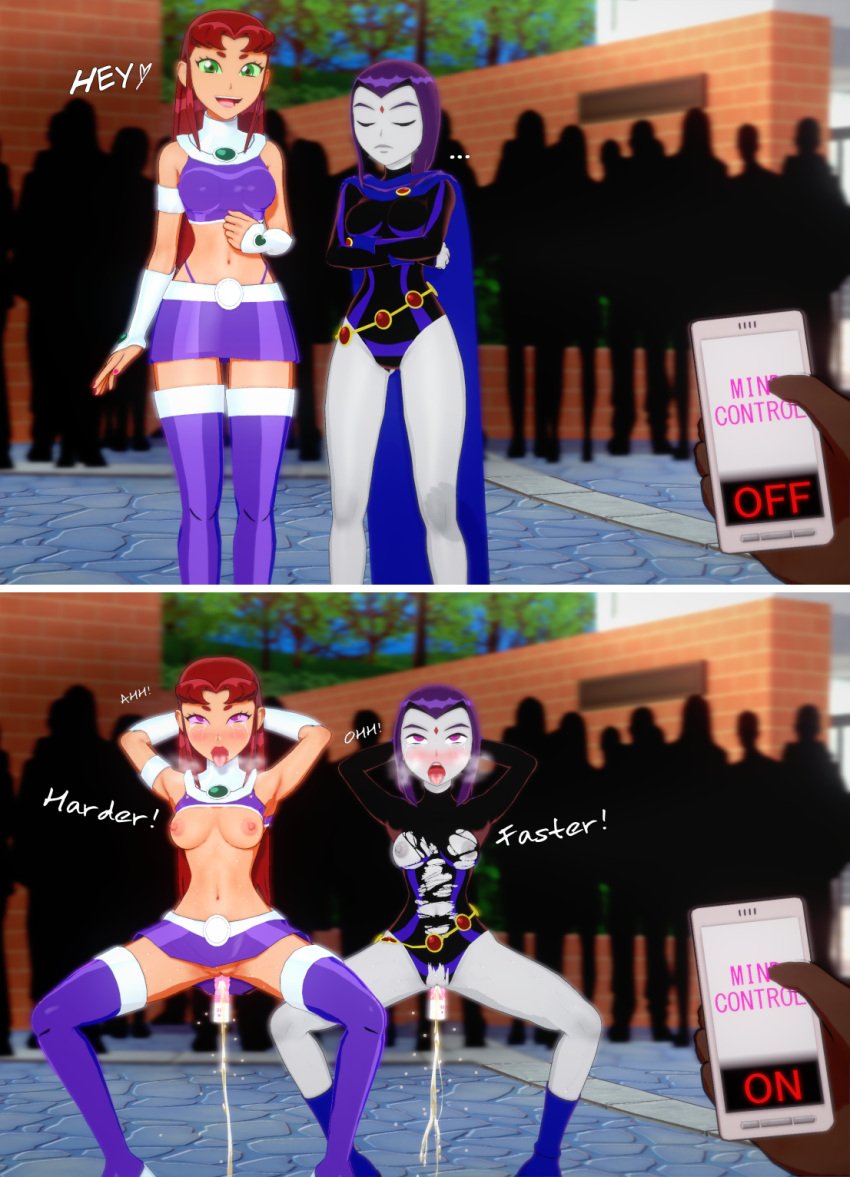 2 ahe_gao defeated_heroine dildo_in_pussy girls male_pov masturbating mind_control pink_eyes public_exposure public_humiliation public_nudity purple_hair rachel_roth raven_(dc) red_hair sex_toy squirting starfire starfire_(teen_titans) tech_control teen_titans totalsun