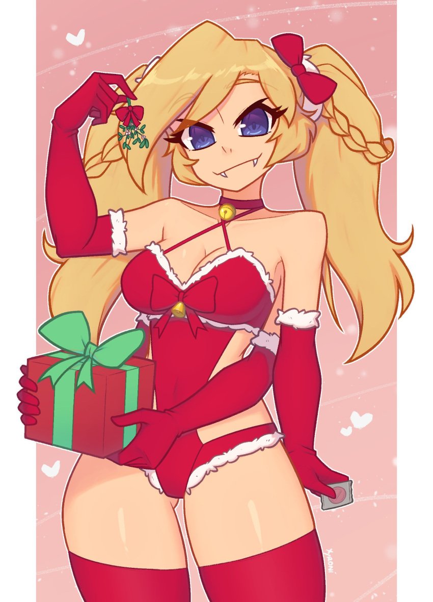 4_arms blonde_hair blue_eyes christmas christmas_outfit fangs holidays long_hair looking_at_viewer medium_breasts nelly spider_girl xyroni