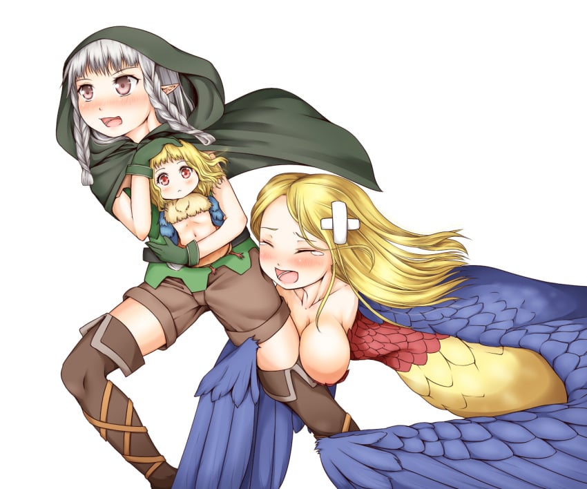 3girls :< bandages bandaid belt bird blonde_hair boots braid breasts brown_eyes carrying chick cleavage cloak closed_eyes cross-laced_footwear dragon's_crown elf elf_(dragon's_crown) feathered_wings gloves harpy harpy_(dragon's_crown) haty hood hugging_another's_leg hugging_own_legs large_breasts lolicon long_hair monster_girl multiple_girls navel open_mouth pointy_ears purple_eyes red_eyes shorts silver_hair simple_background take_it_home tears thigh_boots thighhighs twin_braids white_background winged_arms wings