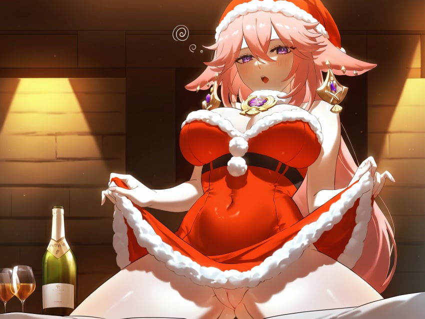 absurd_res ai_generated alcohol alternate_costume animal_ears ass_visible_through_thighs bare_shoulders blush bottle breasts christmas cleavage cleft_of_venus clothes_lift covered_navel cup dress dress_lift drinking_glass drunk earrings female floppy_ears fox_ears fox_girl fur-trimmed_dress fur_trim genshin_impact hair_between_eyes hat indoors jewelry large_breasts lifted_by_self long_hair looking_at_viewer ministro no_panties open_mouth pink_hair purple_eyes pussy red_dress red_headwear santa_costume santa_dress santa_hat sidelocks solo spread_legs thighs uncensored wine wine_bottle wine_glass yae_miko