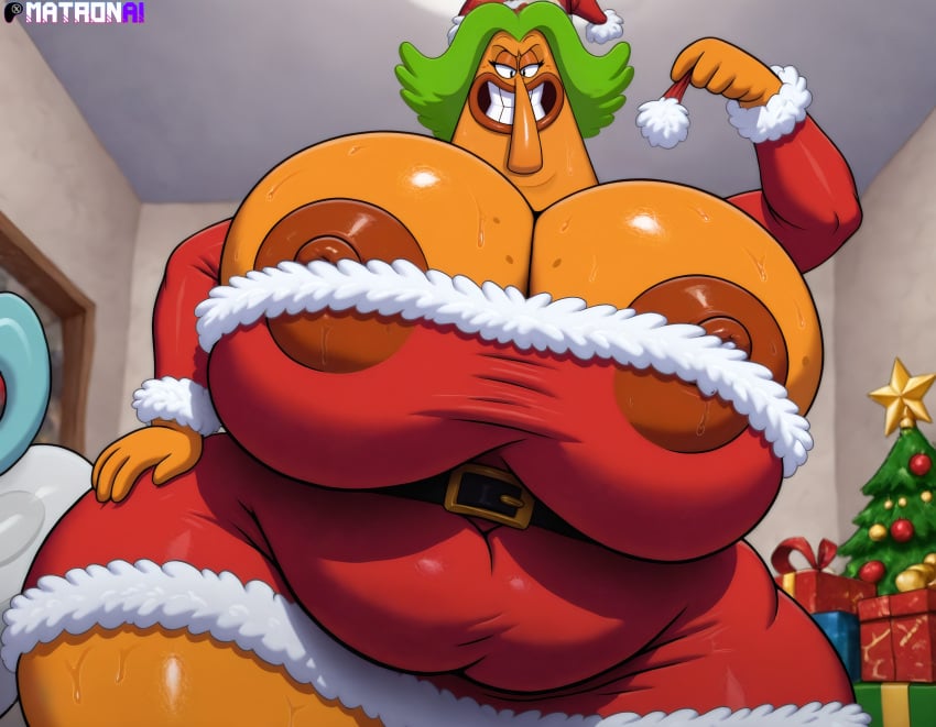 ai_generated bbw big_belly cartoon_network chowder christmas_outfit chubby_female cleavage endive gigantic_breasts hands_on_hips huge_breasts huge_nipples large_areolae looking_down matronai_(artist) nipple_slip overweight_female tagme thick thick_thighs voluptuous_female wide_hips