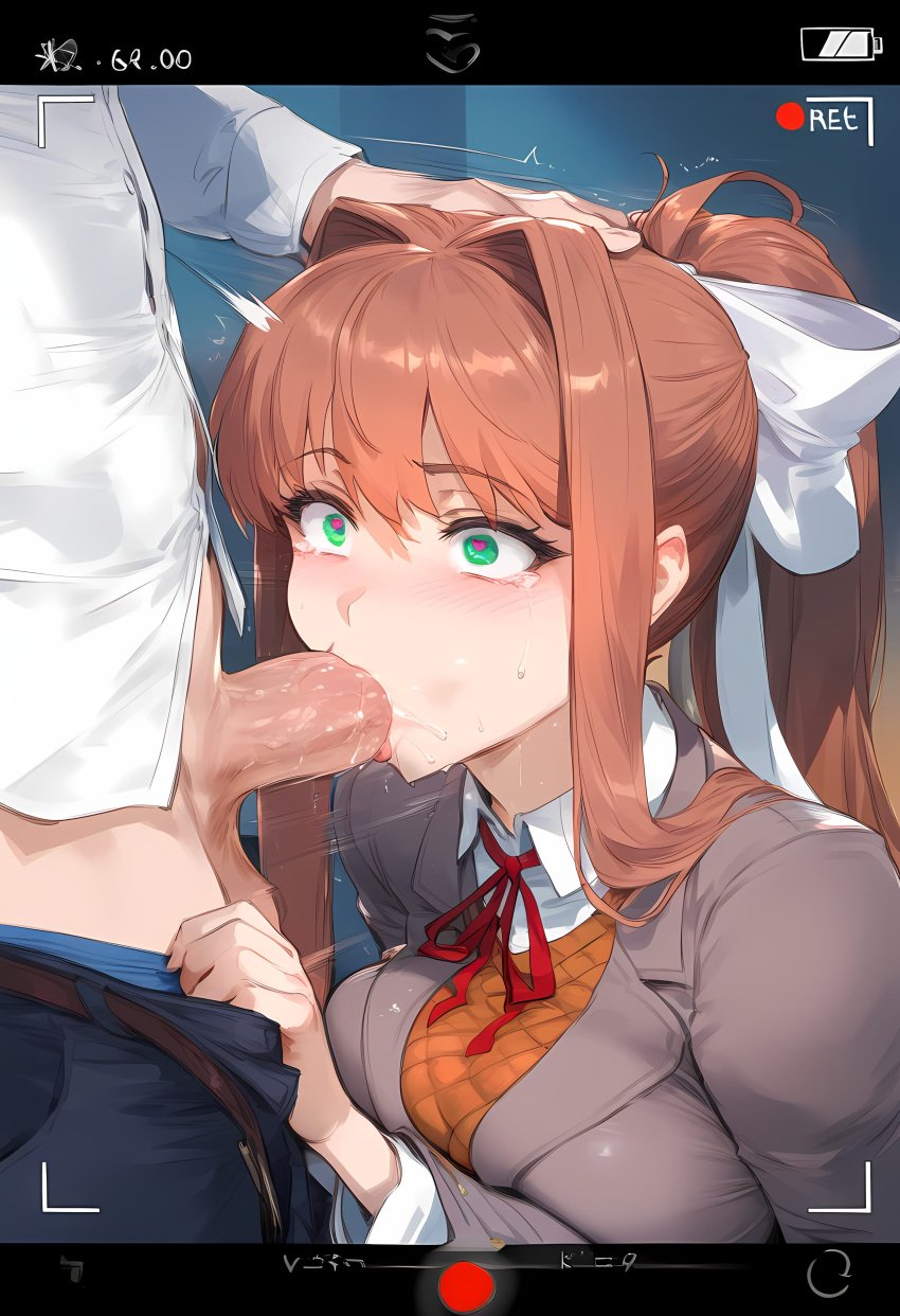 1boy 1girls ai_generated big_breasts breasts brown_hair doki_doki_literature_club fellatio female female_focus green_eyes heart-shaped_pupils huge_breasts large_breasts looking_pleasured monika_(doki_doki_literature_club) ponytail recording school_uniform smiling