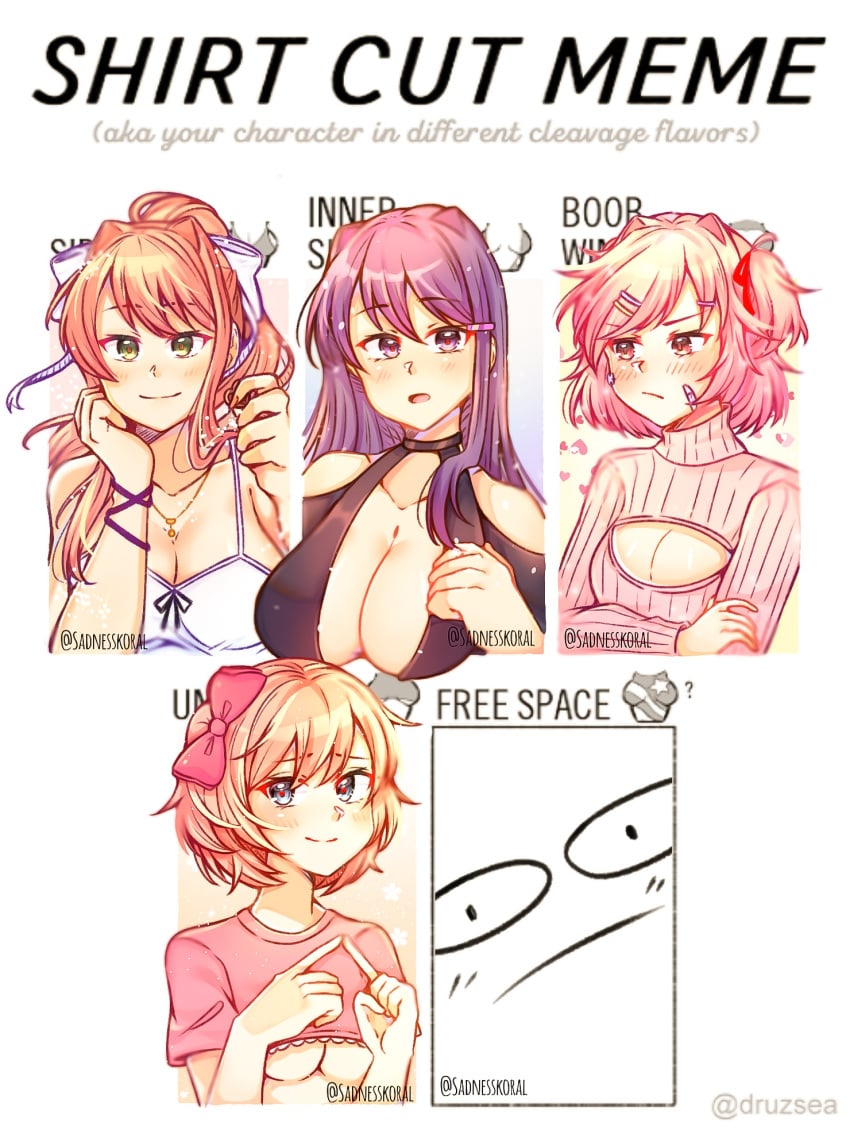 4girls big_breasts blue_eyes boobs bow breasts cleavage doki_doki_literature_club female female_only green_eyes human monika_(doki_doki_literature_club) multiple_girls natsuki_(doki_doki_literature_club) pink_eyes pink_hair purple_eyes purple_hair sadnesskoral sayori_(doki_doki_literature_club) shirt_cut_meme yuri_(doki_doki_literature_club)