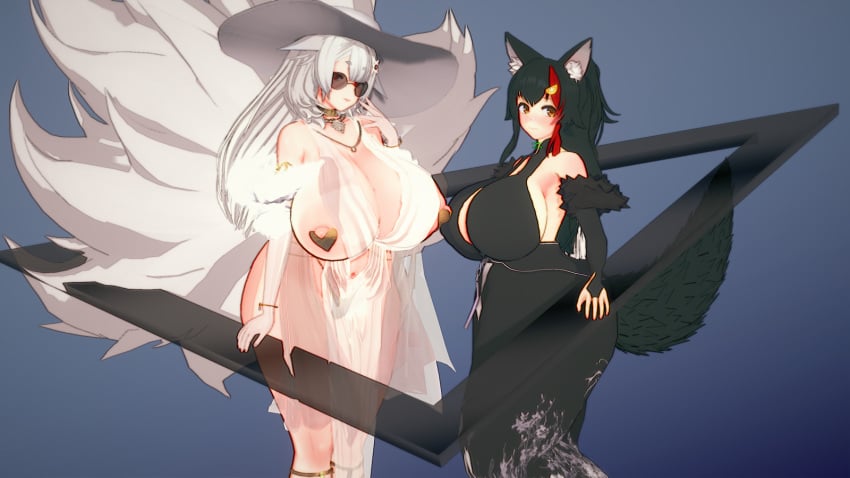 2girls breasts_bigger_than_head crossover curvaceous curvy curvy_figure dress fox fox_ears fox_girl fox_tail gigantic_breasts hololive hololive_gamers hololive_japan huge_ass huge_breasts koikatsu milf nijisanji nijisanji_en nina_kosaka nipples ookami_mio pasties revealing_clothes revealing_dress tagme virtual_youtuber vtuber wolf_ears wolf_girl wolf_tail