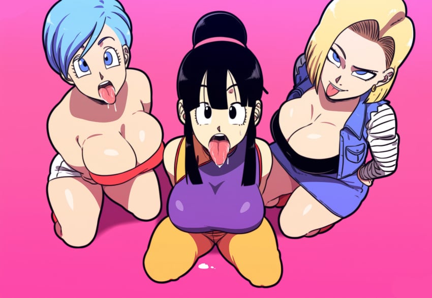 3girls ai_generated alternate_breast_size android_18 begging big_breasts black_hair blonde_hair blue_hair breasts_bigger_than_head bulma_briefs chichi cum cum_in_mouth dragon_ball dragon_ball_super dragon_ball_z from_above huge_breasts human large_breasts mature_female milf mommy mullon novelai open_mouth robot robot_girl robot_humanoid saliva tongue tongue_out