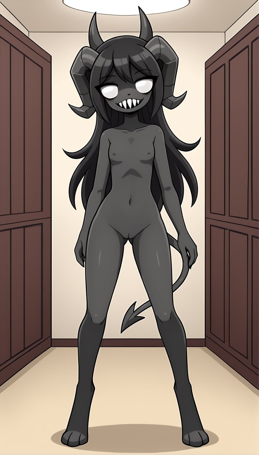 1girls 2024 ai_generated anthro black_body black_hair breasts digitigrade female female_only hi_res horns indoors innie_pussy long_hair looking_at_viewer nude nude_female pussy smile the_binding_of_isaac the_siren_(the_binding_of_isaac)