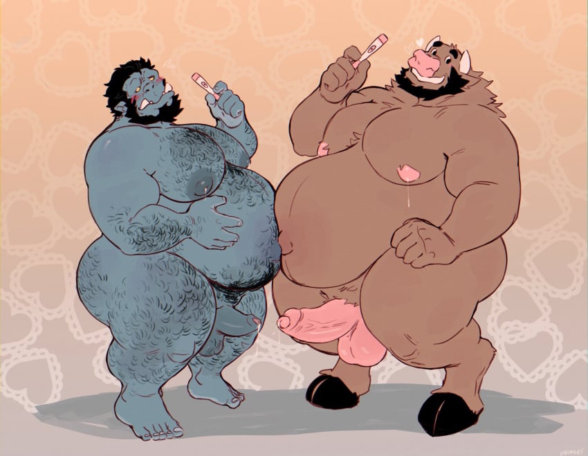 anthro arm_hair beard belly_to_belly black_beard black_facial_hair black_hair blue_body blue_skin blush body_hair bovid bovine brown_body brown_fur cattle chest_hair duo erection facial_hair fur genitals hair hi_res holding_object hooves horn humanoid juicestandmango leg_hair male mammal mango_(juicestandmango) moobs nipples nude orc overweight overweight_anthro overweight_humanoid overweight_male penis pink_balls pink_penis pregnancy_test pregnant pregnant_male pubes slug_(juicestandmango) smile standing thick_thighs