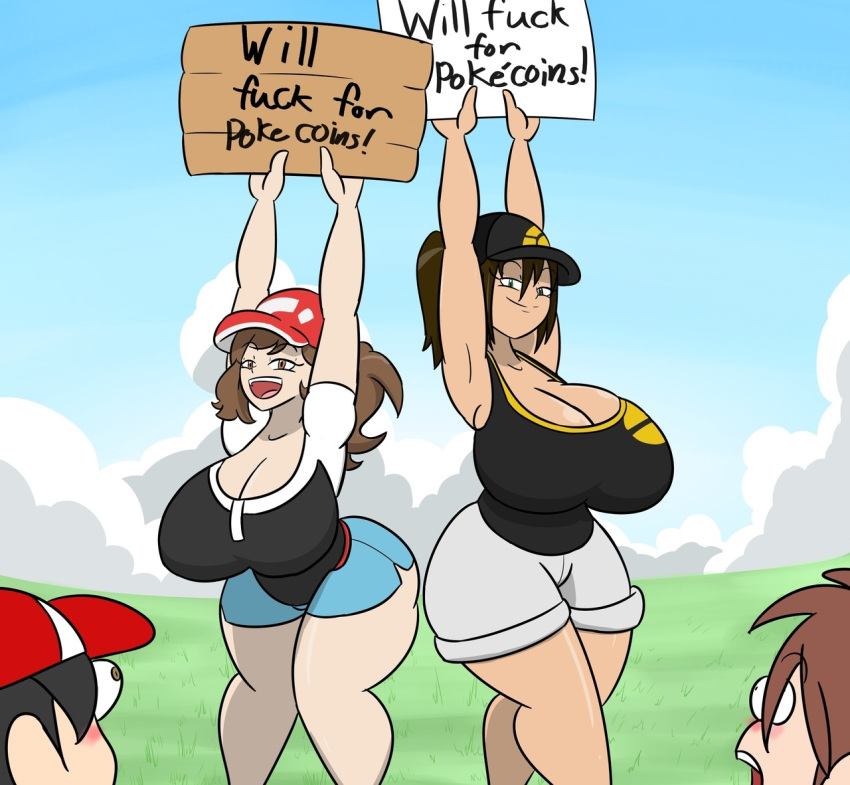 2boys 2girls armpits arms_up ass big_ass big_breasts blush breasts brown_eyes brown_hair chase_(pokemon) chubby cleavage clothed clothing clouds day elaine_(pokemon) eyelashes female female_protagonist_(pokemon_go) grass half-closed_eyes hat holding huge_ass huge_breasts human igphhangout long_hair looking_at_viewer male nintendo open_mouth outdoors pokemon pokemon_go pokemon_lgpe pokemon_rgby ponytail prostitution short_hair sign sky smile smirk standing text thick_thighs trace_(pokemon) voluptuous wide_hips