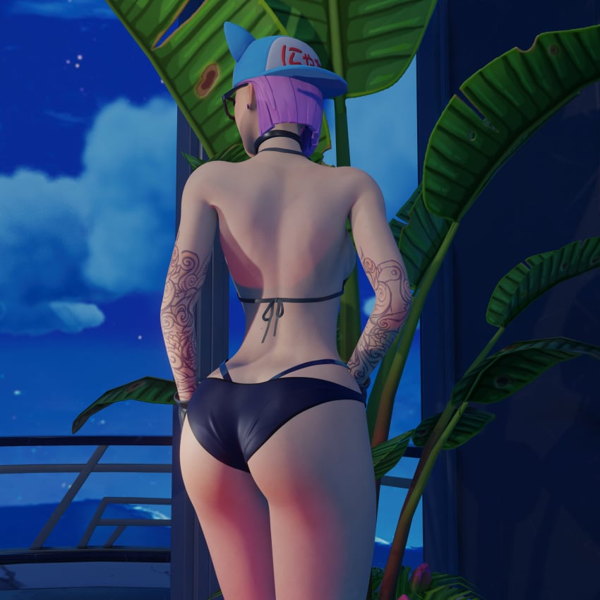 1girls 3d back_view bikini choker eyewear female female female_only fortnite fortnite:_battle_royale hat light-skinned_female light_skin lynx_(fortnite) pink_hair solo solo_female tagme tagme_(artist) tattoo tattoos