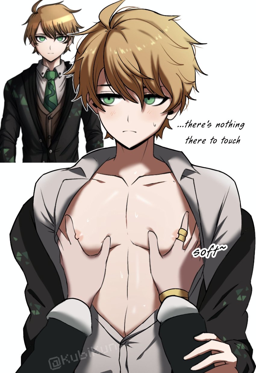 1boy chest coat danganronpa dress_shirt fanganronpa grabbing_breasts kubikun maitsu_damon male_focus male_only monteago_kai open_shirt pov project:_eden&#039;s_garden