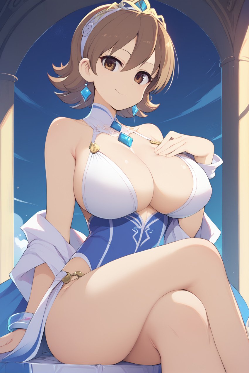 1female 1girls aged_up ai_generated aioi_yuuko big_breasts breasts brown_eyes brown_eyes_female brown_hair brown_hair_female commentary_request dress english_commentary female female_only hi_res highres legs_crossed light-skinned_female light_skin looking_at_viewer nichijou princess sfw short_hair short_hair_female sitting smile smiling smiling_at_viewer thick_thighs thighs very_high_resolution