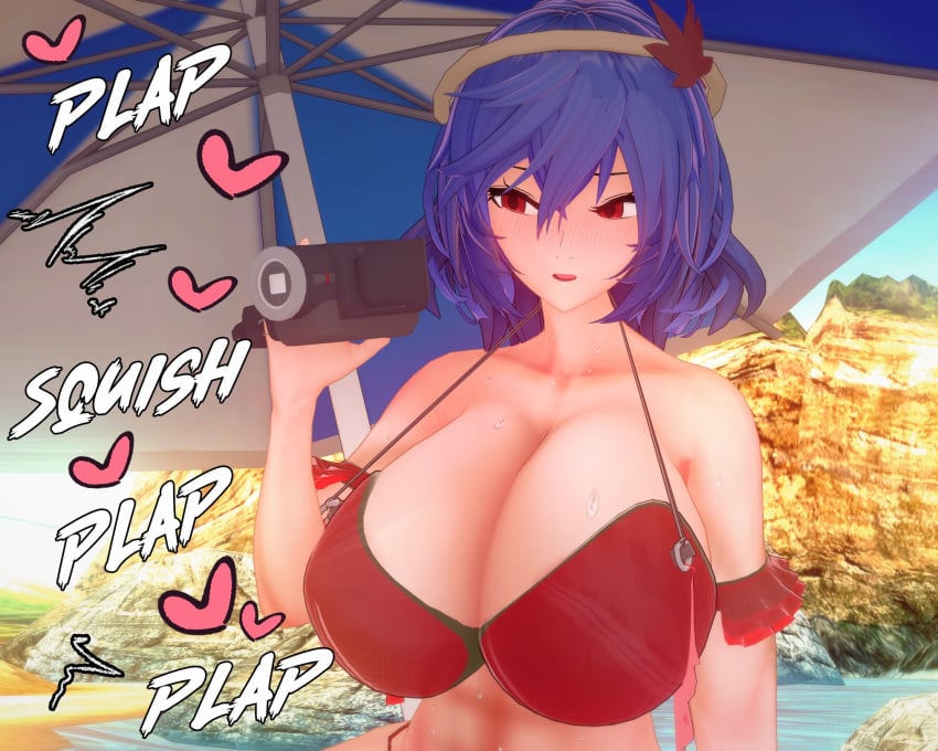 3d beach big_breasts blush bra breasts breasts_bigger_than_head camera goddess heart huge_breasts kanako_yasaka large_breasts purple_hair red_eyes touhou touhou_weird_storage umbrella