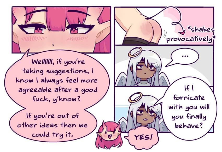 2girls 4_eyes angel angel_wings closed_eyes comic demon_girl english_text female_only flirting halo horns multi_eye multiple_girls pink_hair presenting_hindquarters shaking_butt succubus tail teasing welcome_to_heaven white_hair wings