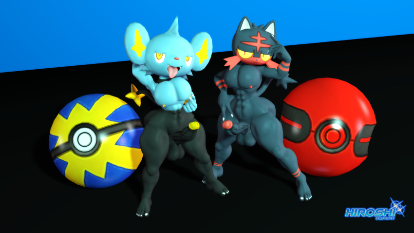 2boys 3d 3d_(artwork) cat_tail completely_nude feline flexing furry furry_male litten male male_only nintendo nude_male penis pokémon_(species) poke_ball pokemon saiyangoku4_(artist) shinx