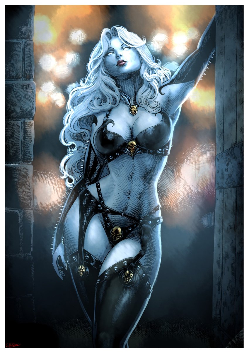 2022 coffin_comics death_(personification) goddess lady_death latex_armwear latex_clothing latex_gloves latex_legwear latex_stockings long_hair looking_at_viewer seductive_look white_body white_hair white_skin