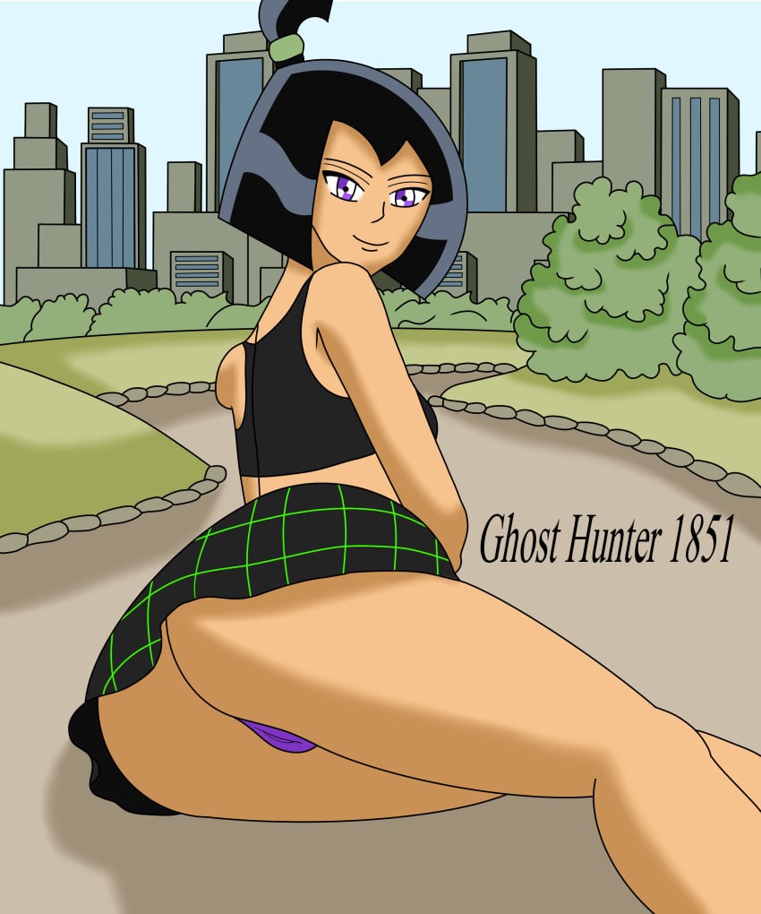 black_hair bob_cut bubble_butt checkered_skirt cityscape danny_phantom female ghosthunter1851(artist) huge_ass huge_butt legs looking_at_viewer lying_on_side miniskirt nickelodeon nicktoons ponytail purple_eyes sam_manson thick_ass thick_thighs thong upskirt young