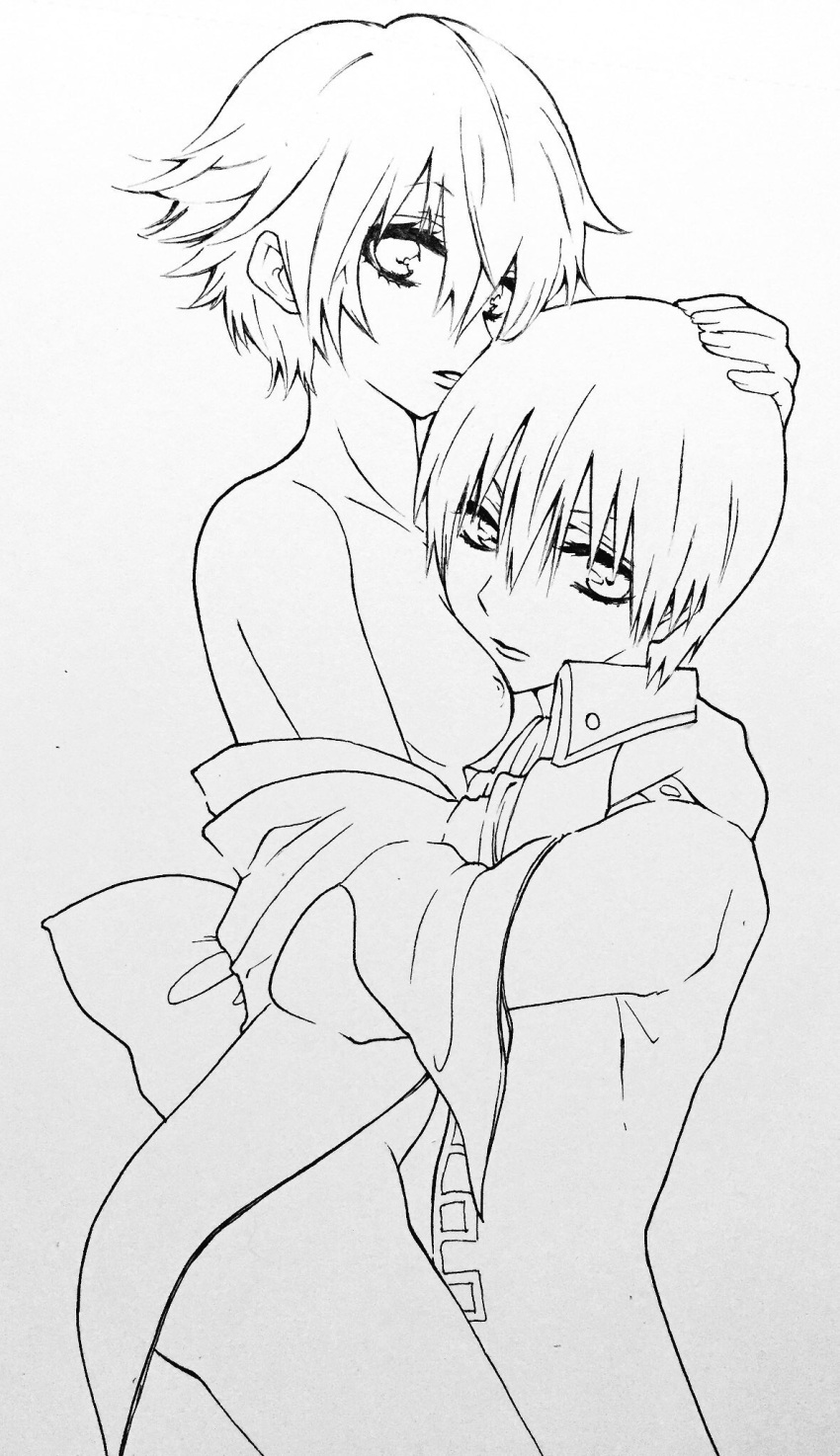 1boy 1girls baby_cat bishonen breasts_out canon_genderswap embrace face_in_breasts female genderswap_(mtf) ginko_sakata gintama gintoki_sakata hand_on_another's_head head_between_breasts hug kimono line_art looking_at_viewer male monochrome off_shoulder okita_sougo rule_63 shinsengumi_(gintama) short_hair small_breasts traditional_media_(artwork) very_short_hair