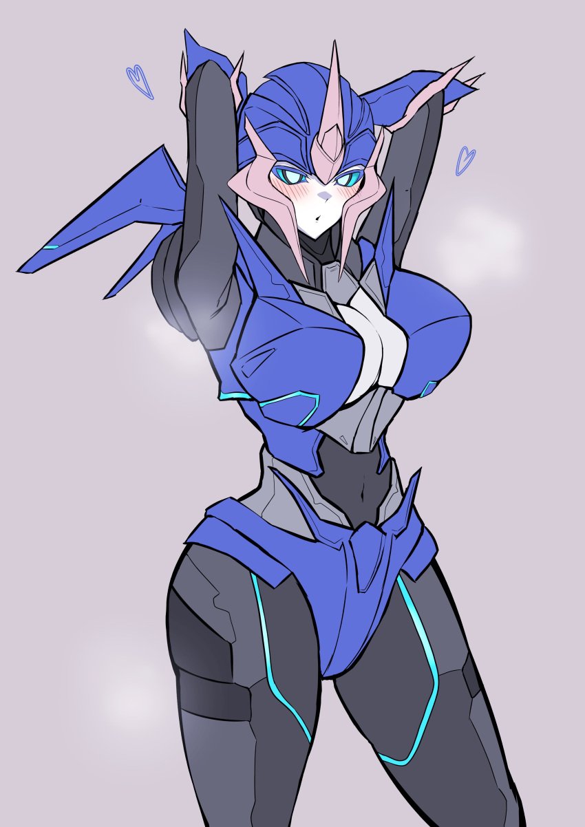 1girls 2d 2d_(artwork) alien_robot arcee arcee_(prime) arms_behind_head autobot blue_armor blue_eyes blush blushing cybertronian female female_only konro_yoyogei musk_clouds pose posing robot robot_girl solo transformers transformers_prime