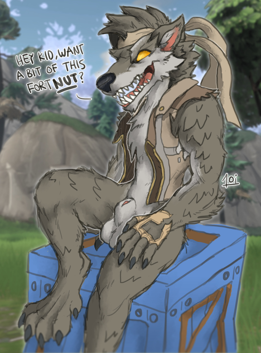 1boy 1oi 2018 anthro bandana bottomless canine claws crate dire_(fortnite) english_text fortnite fur furry highres male male_only mammal nude open_mouth orange_eyes paws sketch smile solo tagme testicles text veins veiny_penis vest watermark were werewolf