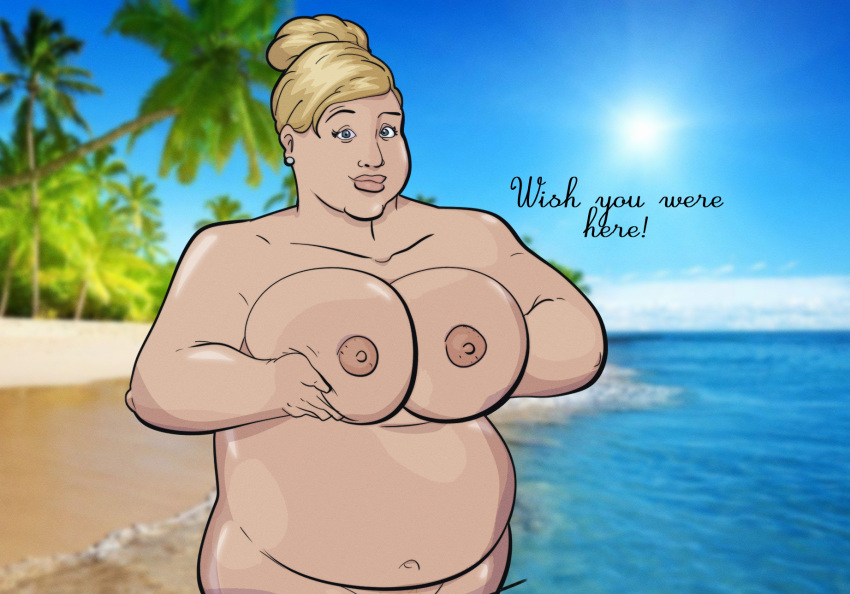 1girls archer_(series) bbw beach big_breasts blonde_hair breasts canon_bbw female jodero nipples overweight overweight_female pam_poovey solo topless