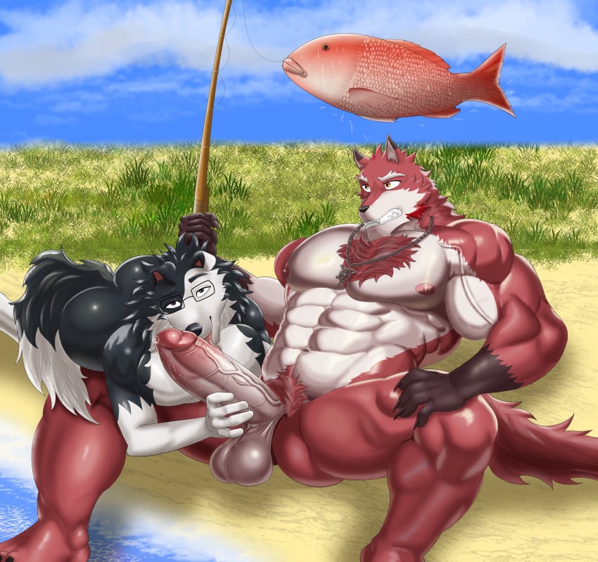 absurd_res anthro border_collie canid canine canis collie dancollie diederich_olsen domestic_dog duo fisherman fishing fishing_rod genitals herding_dog hi_res humanoid humanoid_genitalia humanoid_penis jedagama knights_college licking male male/male mammal muscular muscular_male oral pastoral_dog penile penis penis_lick seafood sex sheepdog size_difference tongue