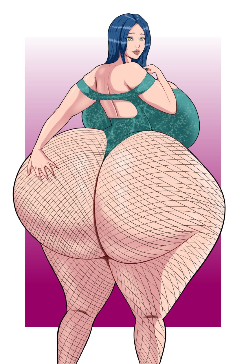 ass big_breasts blue_hair breasts fishnets hand_on_ass huge_ass huge_breasts jarsman_(artist) leotard looking_back original_character