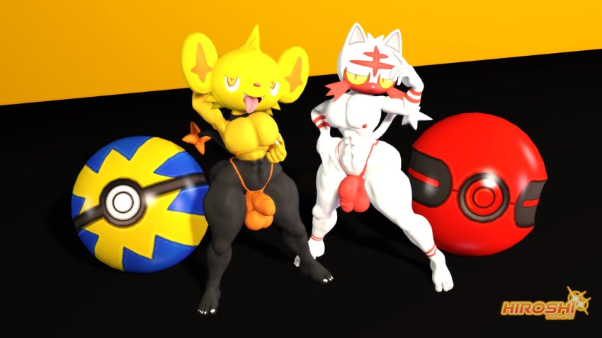 2boys 3d 3d_(artwork) alternate_version cat_tail feline flexing furry furry_male litten male male_only nintendo penis pokémon_(species) poke_ball pokemon saiyangoku4_(artist) shinx shiny_pokemon slingshot_swimsuit underwear