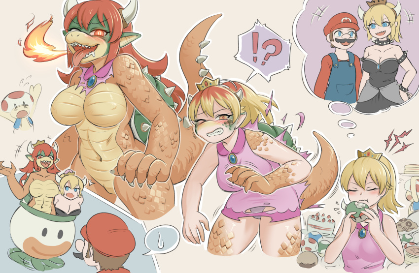 !? 2boys 2girls :t blonde_hair blue_eyes blush bowsette breasts breathing_fire closed_eyes collar crown dress drooling eating facial_hair female fire furry grey_panties hat horns humor koopa_troopa mario mario_(series) mokushi-c3 moustache multiple_boys multiple_girls navel new_super_mario_bros._u_deluxe nintendo no_nipples nude one_eye_closed open_mouth panties princess_koopa princess_peach red_eyes red_hair role_reversal scales spiked_collar spikes super_mario_bros. teeth toad_(mario) tongue tongue_out torn_clothes transformation underwear