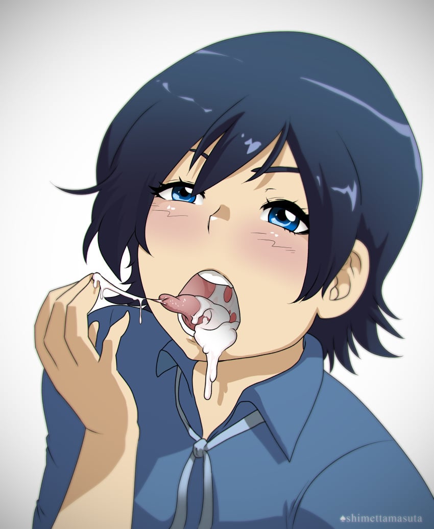 blue_eyes blue_hair blush cum cum_in_mouth female kashima_sonora short_hair simple_background solo tokurei_sochi_dantai_stella_jogakuin_c3_bu white_background