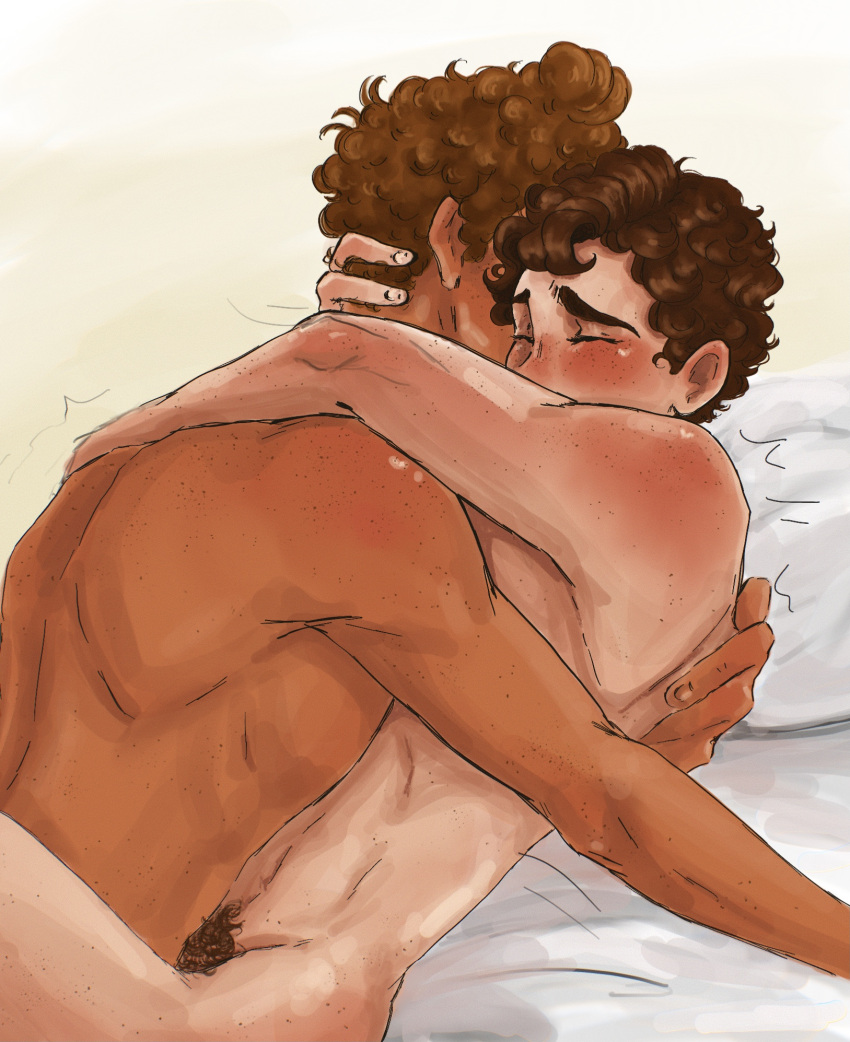 2boys aged_up alberto_scorfano anal anal_sex bed bed_sheet bedroom blush brown_hair closed_eyes curly_hair dark-skinned_male disney dxthgrp eyelashes faceless_male flustered freckled_skin freckles freckles_on_face furrowed_brow gay gay_anal gay_sex grabbing grabbing_hair hands_in_hair hugging implied_penetration implied_sex legs_up luca_(pixar_film) luca_paguro male male/male male_only moaning moaning_in_pleasure motion_lines muscular muscular_male pale-skinned_male pale_skin passionate pillow pixar pubic_hair red_cheeks simple_background smaller_male submissive submissive_male tan_body wavy_hair yellow_background