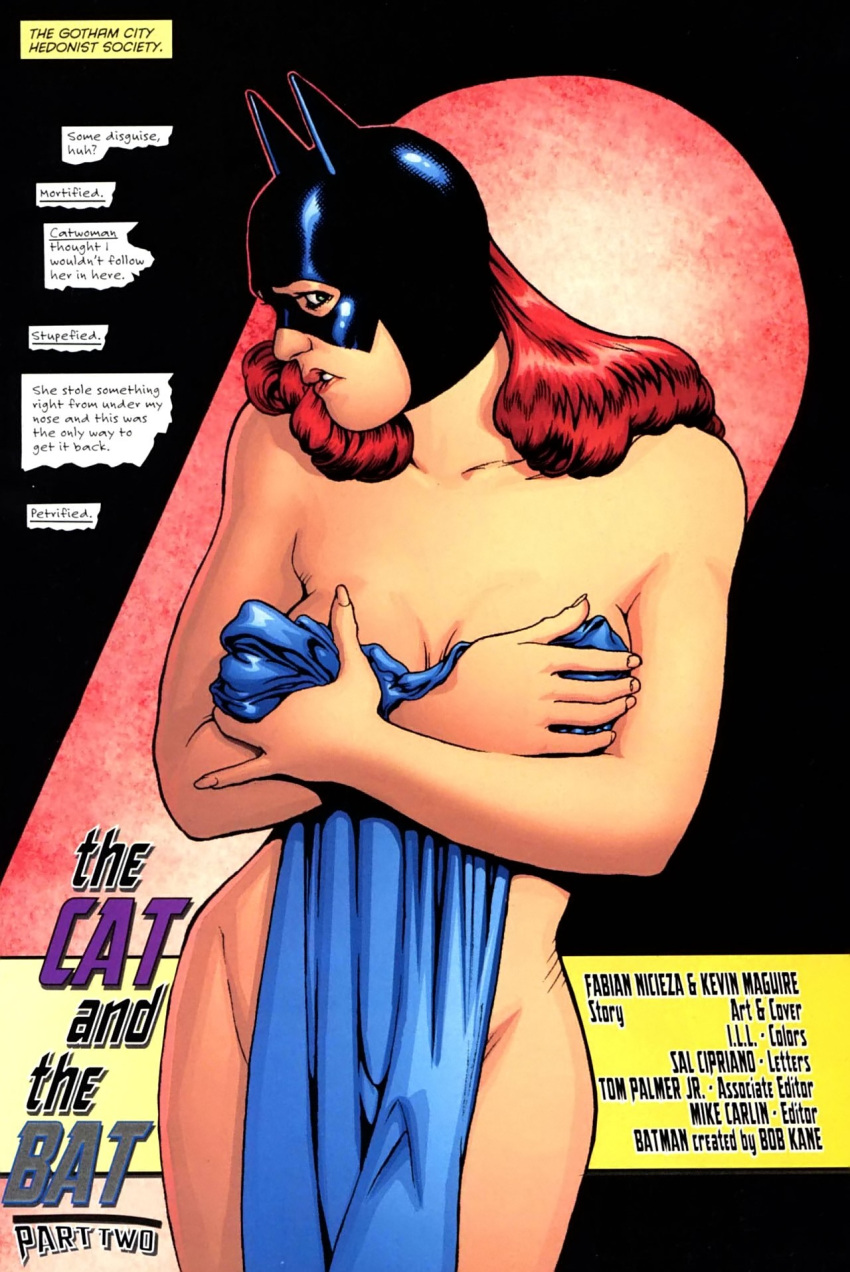 1girls 2d animal_ears barbara_gordon bat_ears batgirl batman_(series) biting_lip canonical_scene cleavage color comic comic_panel covering covering_breasts covering_self crossed_arms dc dc_comics embarrassed embarrassed_nude_female enf english english_text female female_focus female_only fingernails front_view hair heroine holding_clothing i.l.l. kevin_maguire light-skinned_female light_skin lip_biting lipbite lips long_hair mask medium_breasts nude nude_female nudist nudity official_art public public_nudity red_hair shiny_clothes solo superheroine teeth text thighs