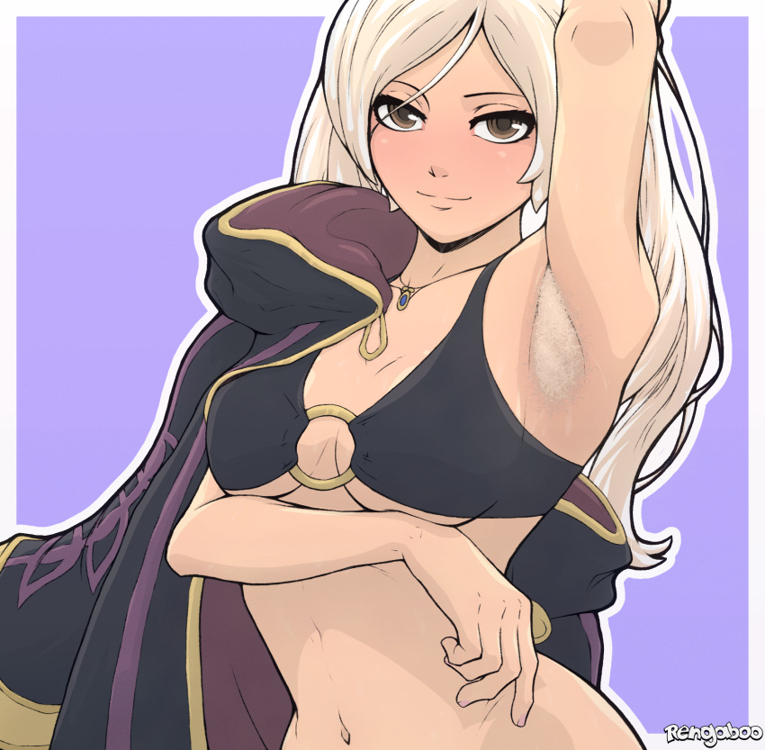 1girls accessory alternate_costume arm_under_breasts arm_up armpit_fetish armpit_hair armpits bare_midriff bedroom_eyes bikini bikini_top black_bikini black_swimsuit bottomless breasts brown_eyes coat female female_armpit_hair female_only fire_emblem fire_emblem_awakening fire_emblem_heroes hairy_armpits long_hair looking_at_viewer medium_breasts midriff navel necklace nintendo o-ring o-ring_bikini official_alternate_costume pose purple_background rengaboo robin_(female)_(summer)_(fire_emblem) robin_(fire_emblem) robin_(fire_emblem)_(female) seductive smile solo swimsuit teasing twintails underboob undressing untied untied_bikini upper_body white_hair