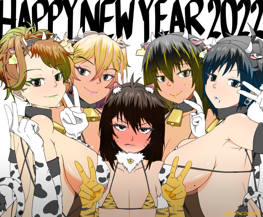 1boy 2022 4girls axezon cow_print cowbell femboy g_(axezon) hi_res kaya_(axezon) larger_female lingerie new_year original pinky_(axezon) smaller_male teenager year_of_the_ox yel_(axezon)