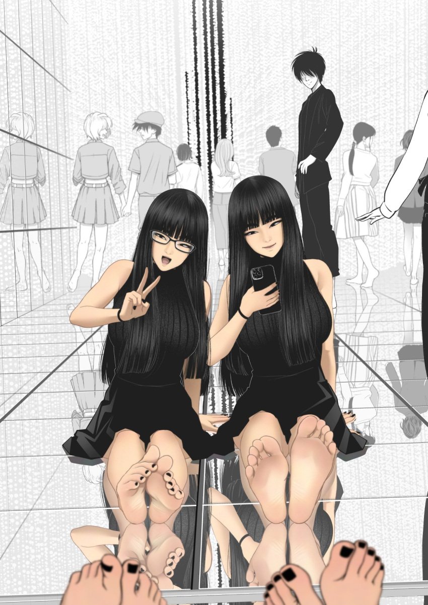 1boy 2girls barefoot black_hair blush cleo_(kidetic) feet foot_fetish glasses kidetic kusujinn mirror oc painted_nails phone sisters soles tagme tied_to_twins twins zack_(kidetic)