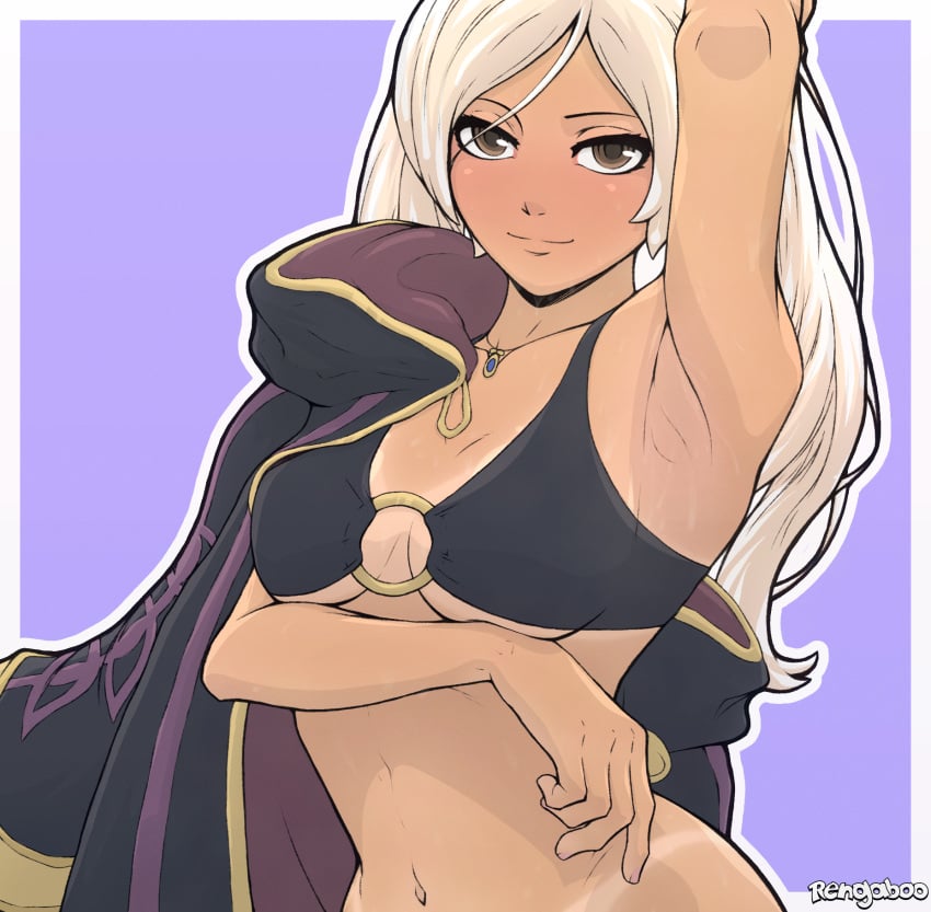 1girls accessory alternate_costume arm_under_breasts arm_up armpit_fetish armpits bare_midriff bedroom_eyes bikini bikini_top black_bikini black_swimsuit bottomless breasts brown_eyes coat female female_only fire_emblem fire_emblem_awakening fire_emblem_heroes long_hair looking_at_viewer medium_breasts midriff navel necklace nintendo o-ring o-ring_bikini official_alternate_costume pose purple_background rengaboo robin_(female)_(summer)_(fire_emblem) robin_(fire_emblem) robin_(fire_emblem)_(female) seductive smile solo swimsuit tan_body tanline teasing twintails underboob undressing untied untied_bikini upper_body white_hair